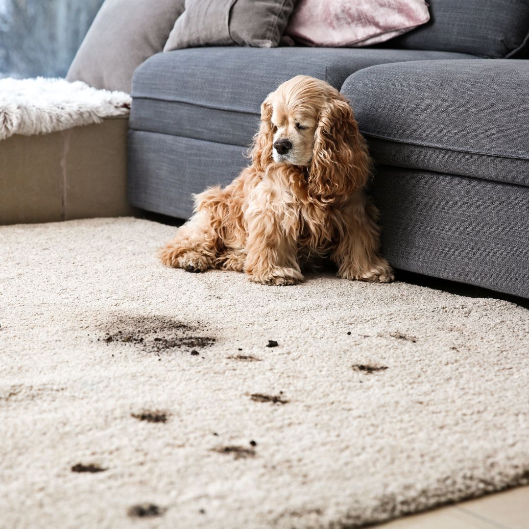 photo of a puppy sitting on a dirty rug