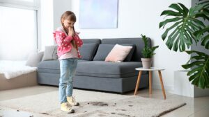 little girl making a stain on a carpet