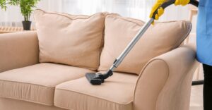 A professional upholstery cleaning service cleans a couch
